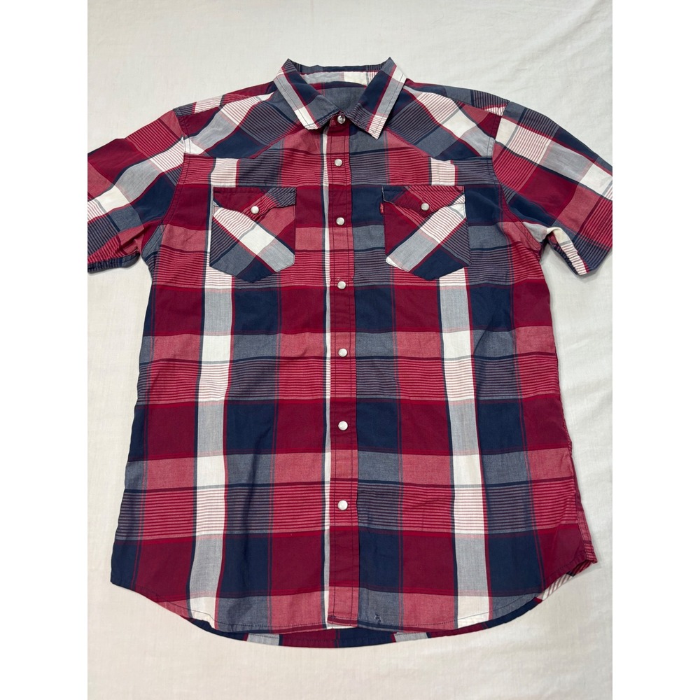 Levis Mens Red Navy Blue Plaid Short Sleeve Western Pearl Snap Shirt L